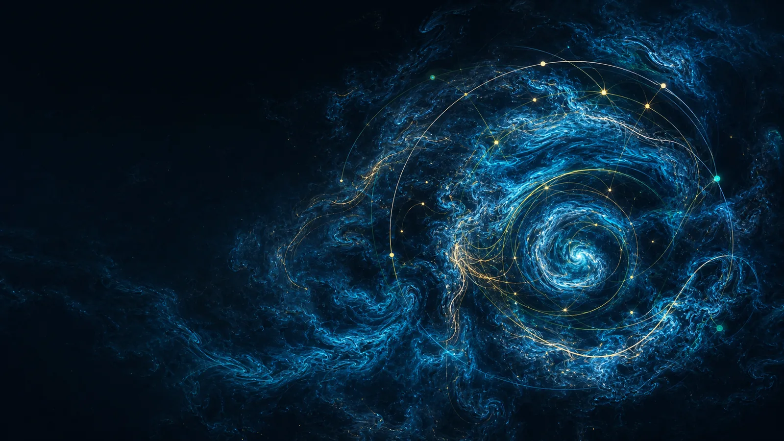 Turbulent blue fluid field with faint ordered spectral geometry emerging inside it.